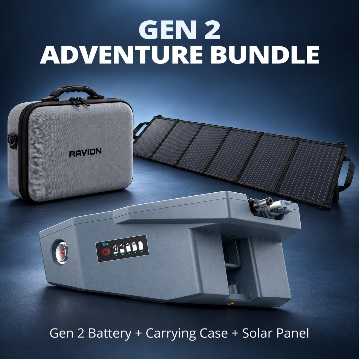 Ravion Gen 2 bundle with battery, carrying case and folding solar panel; case size depends on selected option.
