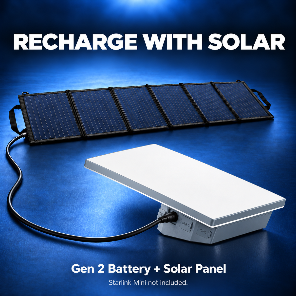 Solar panel connected to Ravion Gen 2 battery with Starlink Mini shown for compatibility. Starlink Mini is not included.