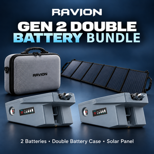 Ravion Gen 2 double battery bundle: two Gen 2 batteries, one double battery carrying case and one folding solar panel. Starlink Mini is not included.