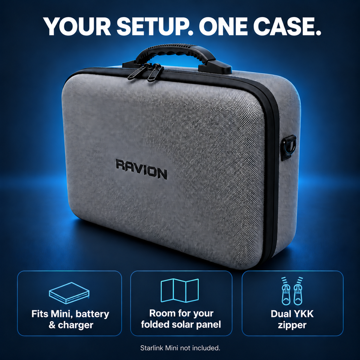 Ravion carrying case and storage features; case size depends on selected option. Starlink Mini is not included.
