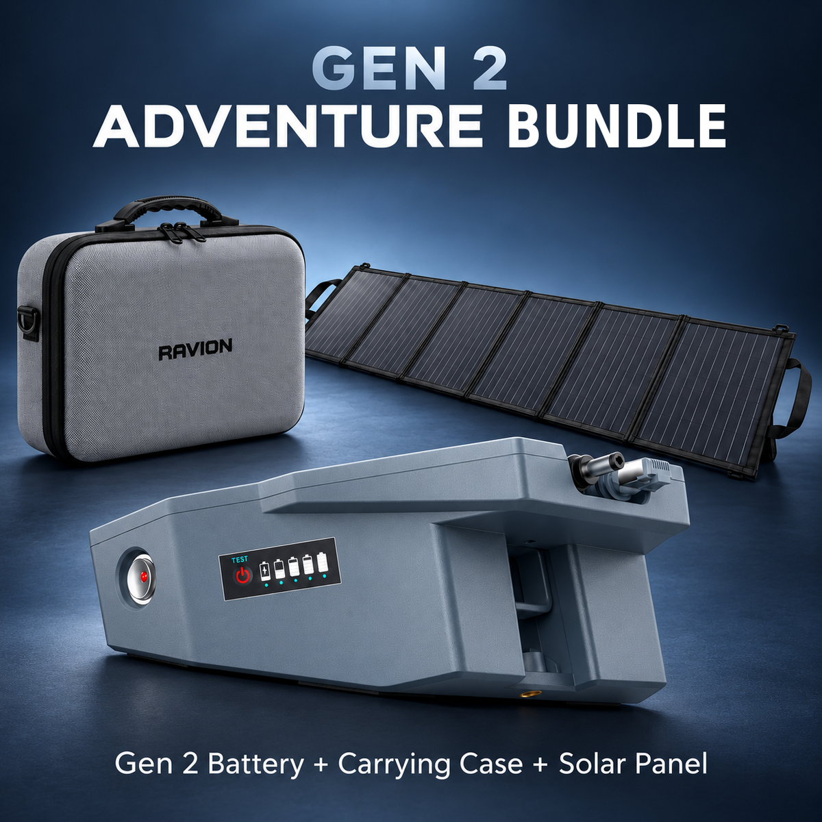 Ravion Gen 2 bundle with battery, carrying case and folding solar panel; case size depends on selected option.