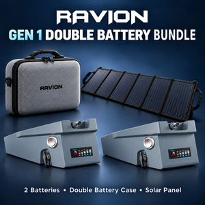 Ravion Gen 1 double battery bundle: two Gen 1 batteries, one double battery carrying case and one folding solar panel. Starlink Mini is not included.