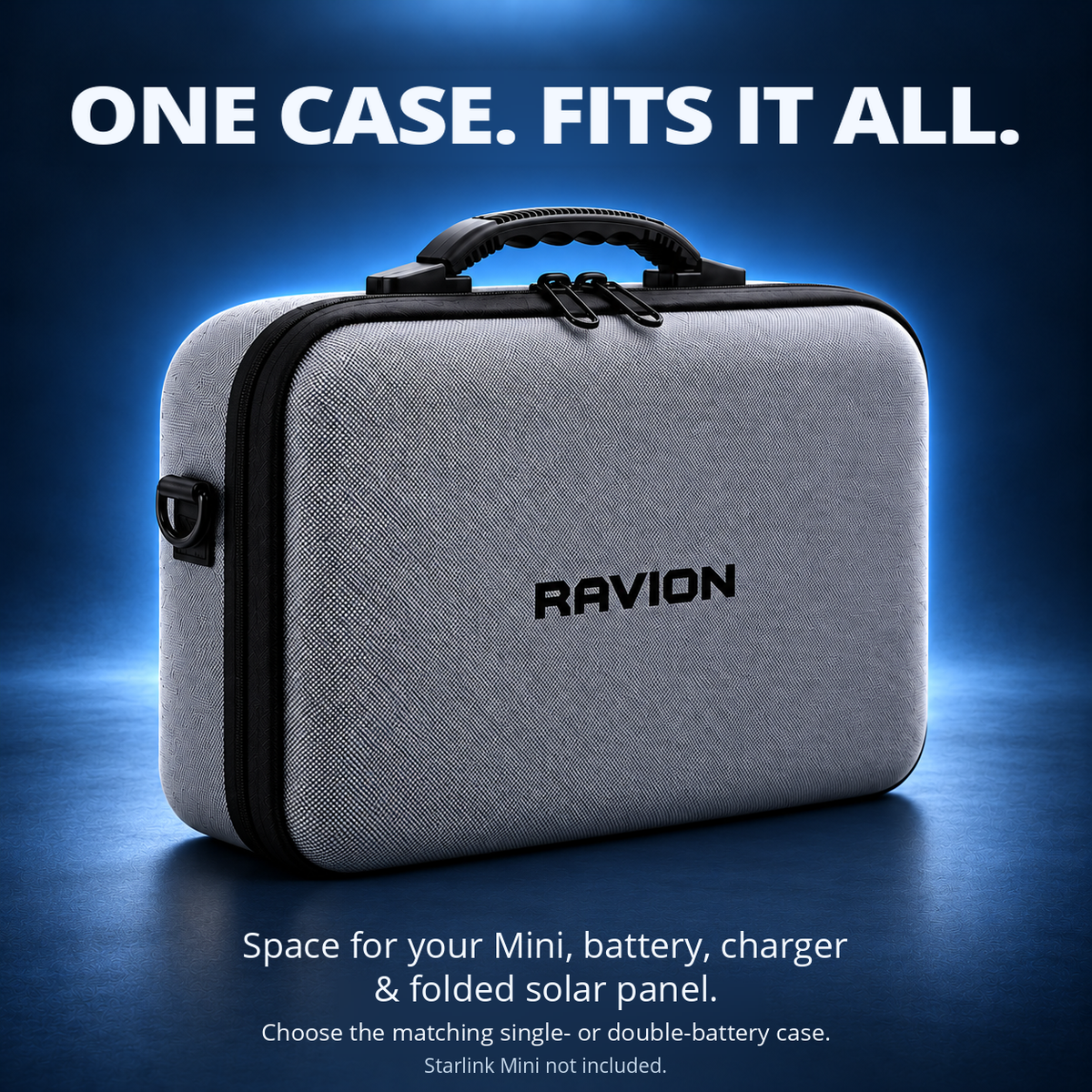 RAVION travel case feature: One case. Fits it all. Space for your Mini, battery, charger and folded solar panel. Choose the matching single- or double-battery case. Starlink Mini not included.